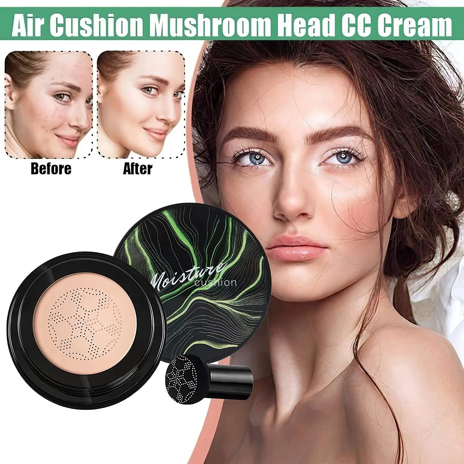 Mushroom Head Foundation,Air Cushion CC Cream BB Cream, Moisturizing Concealer, Bright Makeup Base Long Lasting with Mushroom Makeup Sponge, Easy to Apply, Package may vary